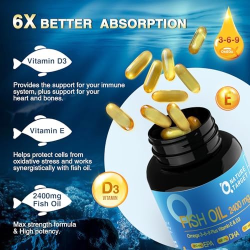 NATURE TARGET Triple Omega 3 6 9, Fish Oil 2400mg Softgels with Vitamin D3 & E - EPA & DHA & ALA - Supports Heart, Brain, Joint & Immune Health, Sustainably Sourced, Non-GMO
