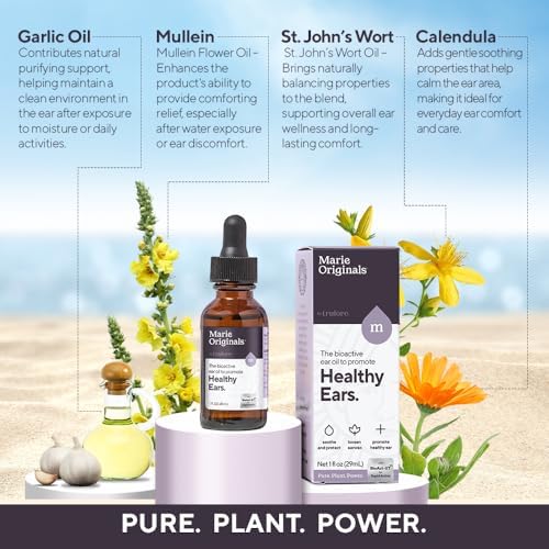 Marie Originals Natural Ear Oil Drops | Mullein Garlic Oil Ear Drops for Infection Prevention, Herbal Ear Ache Drops for Adults, Kids & Pets, Soothes Ear Pain & Wax Removal, Earache Remedies (1 Pack)