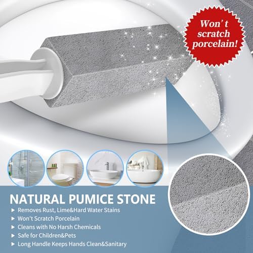 Toilet Bowl Cleaner Pumice Stone -Hard Water Stain Remover, Powerfully Removes Toilet Bowl Rings，Rust &Lime，Ideal for Toilet Brush/BBQ Grills/Sink/Pool/Bathroom【2Pack】 (Extra Long Handle)