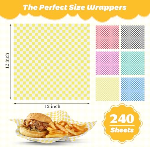 240 Sheets Checkered Dry Waxed Deli Paper Sheets - 12x12 inch Dry Waxed Sandwich Paper Liners - 6 Color Variety Pack Food Basket Liners Wax Papers for Food Truck, Bakery & Party Platters