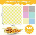 240 Sheets Checkered Dry Waxed Deli Paper Sheets - 12x12 inch Dry Waxed Sandwich Paper Liners - 6 Color Variety Pack Food Basket Liners Wax Papers for Food Truck, Bakery & Party Platters