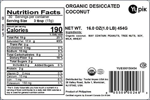 Yupik Organic Desiccated Coconut, Fine, 1 lb (16 oz), Non-GMO, Vegan, Gluten-Free, Kosher, Finely Ground, Unsweetened, No Added Sugar, Oil-Free, Source of Fiber, Healthy Snacks, Ideal for Topping