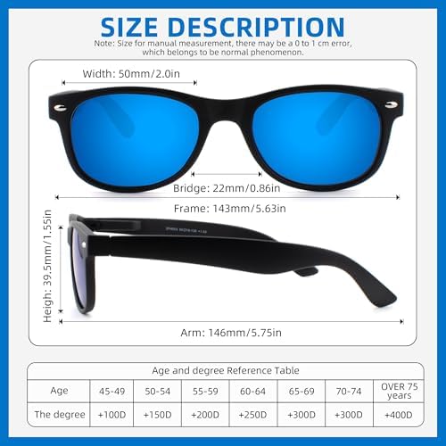 2 Pack Reader Sunglasses for Men Women Classic Rectangle Reading Glasses Outdoor Full Lenses Magnifying Eyewear UV Protection Black/Blue+2.0