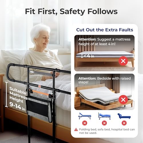 C5 Pro Bed Rails for Elderly Adults Safety - Foldable Bed Assist Rail with Adjustable Height, Bed Cane with Non-Slip Wider Handrail, Motion Sensor Light Fits King Queen Twin Beds