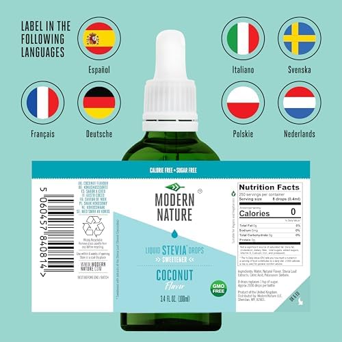 Modern Nature Coconut Flavor Liquid Stevia Drops Sweetener - Zero Calorie Sugar Free Coffee Syrup Alternative – Flavored Coffee, Protein Powder, Yoghurt, Tea, Keto, Paleo, Vegan, Non-GMO Sweetner