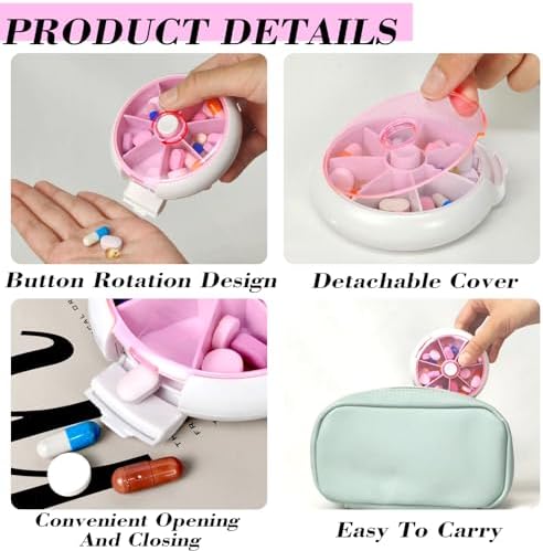 Pill Organizer Travel Pill Case for Purse Portable Pill Box Round Weekiy Pill Container for Vitamin Fish Oil Pills Supplements