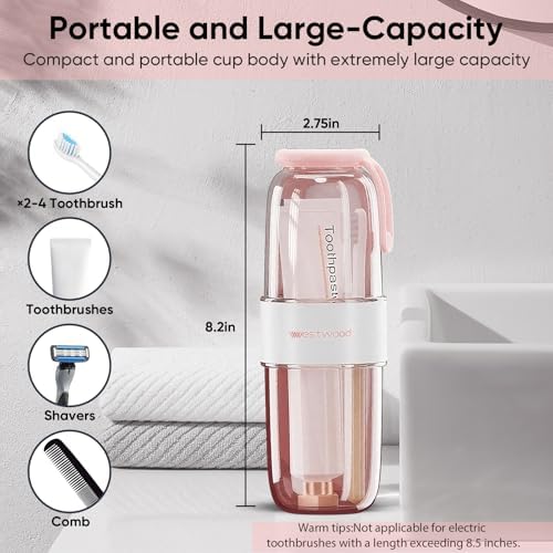 Westwood Travel Toothbrush Case Travel Toothbrush Holder with Cup, Large Toothbrush Container for Toothbrush Toothpaste Razor, Portable Toothbrush Holder with Cover for Home Business School (Pink)