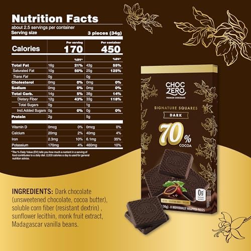 ChocZero 70% Cocoa Dark Chocolate Squares, Sugar Free, Vegan, Low Carb, High Fiber, Keto Friendly, No Sugar Alcohols (4 Count, 3.2oz Boxes)