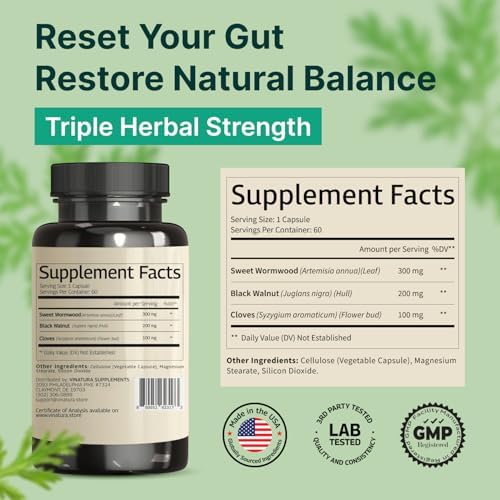 VINATURA Wormwood Black Walnut Clove Capsules - Cleanse, Detox, Intestinal Guard Formula Supplement for Humans, with Wormwood herb, Black Walnut Extract Combination, 60 Capsules