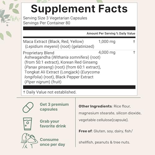 Maca Root Capsules for Women & Men 5,000mg | 240 Veggie Capsules with Ashwagandha, Red, Black, Yellow Maca Root, Panax Ginseng, Tongkat Ali & Black Pepper