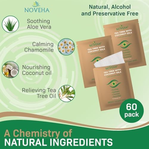 NOVEHA 60PCs Tea Tree & Coconut Oil Eyelid & Lash Wipes - For Demodex, Blepharitis & Itchy Eyes, Individually Wrapped Eyelash Wipes With Aloe Vera, Natural Makeup Remover & Daily Eye Cleanser