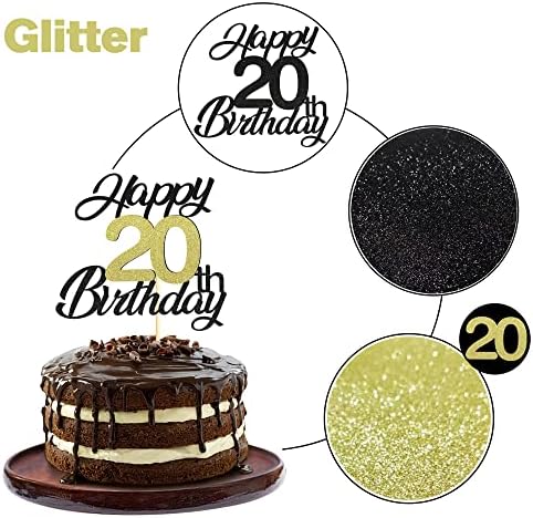 Sumerk Happy 20th Birthday Cake Toppers Black & Gold Glitter 20th Birthday Cake Decorations 20 Cake Topper for Birthday Party