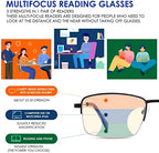 Progressive Multifocus Reading Glasses Blue Light Blocking, Multifocal Readers for Men Women Trifocal Lightweight Eyewear Half Metal Frame Titanium Alloy (3 Pack: Black+Gun+Silver, 2.50)