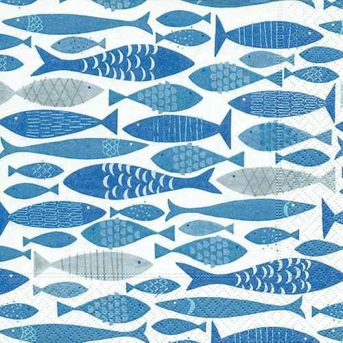 IHR Ideal Home Range Cocktail Napkins Disposable 3-Ply Paper Party Napkin Pack, 5" x 5", School Of Fish, 20-Count