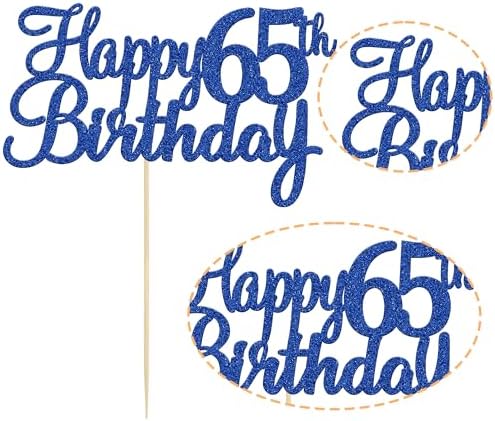 Gyufise 1Pc Happy 65th Birthday Cake Topper Blue Glitter 65th Birthday Cake Pick Cheers to 65 Years Old Sixty Five and Fabulous Cake Decorations for 65th Birthday Wedding Anniversary Party Supplies