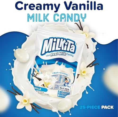 Milkita Creamy Vanilla Milk Candy – Low-Sugar Healthy Sweets with Real Milk for Kids & Adults – Fat Free & Gluten Free Candy with Calcium for Everyday Indulgence (25 Count Bag)