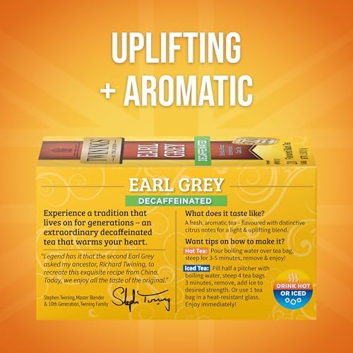 Twinings Earl Grey Decaf Black Tea - Refreshing Earl Grey Decaffeinated Tea Bags with the Flavor of Bergamot and Citrus, Individually Wrapped Decaf Tea Bags, 20 Count