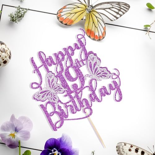 Kaoenla Butterfly Happy 19th Birthday Cake Topper, Glitter 3D Butterfly Theme 19th/nineteen Birthday/Anniversary Party Cake Decor (19th, Purple)