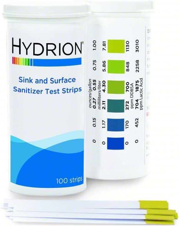 HYDRION Sink and Surface Sanitizer Test Strips - 0 to 7.87 mL - ppm DDBSA & ppm - Lactic Acid Single Vial - 100 Strips (1)