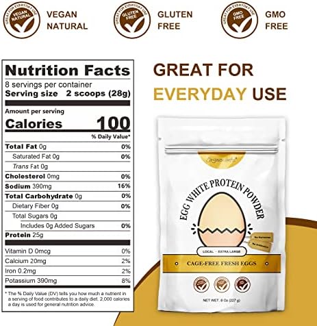 Orgnisulmte Egg White Protein Powder 8 Oz, Pasteurized Dried Egg Whites Protein, Gluten-Free, Non-GMO, Unflavored, Free Range High Whip for Baking, Desserts 227g