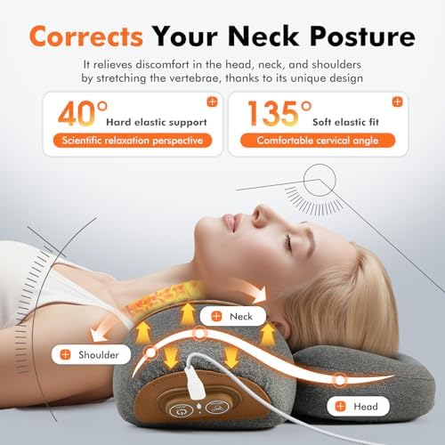 Gifts for Family, 3-in-1 Electric Neck Massager Pillow for Bed - Pillow Massage Neck Hump for Shoulder Pain, with Vibrating Heating and Traction Function
