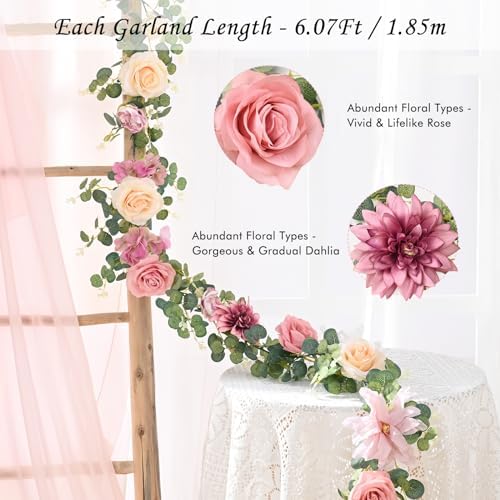 Waipfaru Flower Garland Decorations, 6.07Ft Pink Floral Rose Garland, Artificial Eucalyptus Greenery Vines with Flowers for Wedding Table Runner Centerpieces Backdrop Room Decor (Pink)