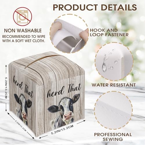 Cow Decorative Tissue Box Cover Square, Wood Pattern Leather Tissue Box Cover Holder, Housewarming Gift Ideas for Family Friends, Home Office Bathroom Car Decor-(5.2 Inches) A25