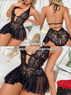 OYOANGLE Women's Plus Size Cut Out Tie Back Halter Lace Teddy Romper Bodysuit Lingerie