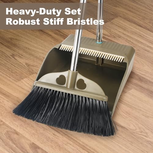 Upgrade Broom with Dustpan Combo Set,48'' Long Handle Stiff Broom Bristles with Heavy Duty Dust Pan,Indoor Outdoor Easy Sweeping for Kitchen Lobby Garage Home