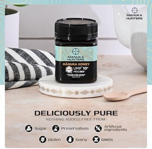 Manuka Hunters UMF 10+/MGO 263+ Certified New Zealand Manuka Honey - 100% Pure Natural Sweetener - Gluten, Dairy Free - Ideal for Tea, Coffee, Smoothies, and Baking - Sustainable - 8.8oz/250g Jar