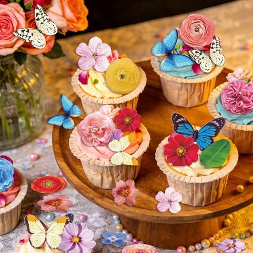 108PCS Edible Flower Cupcake Toppers Wafer Paper Butterfly Floral Baby Shower Cake Decorations Edible Spring Flower Cupcake Toppers for Floral Theme Birthday Party Decoration