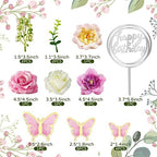 19 PCS Flower Cake Toppers Butterfly Cake Decorations with Artificial Pink Rose Flowers Eucalyptus Butterflies for Girls Birthday Party Wedding Baby Shower Supplies (HOT PINK)