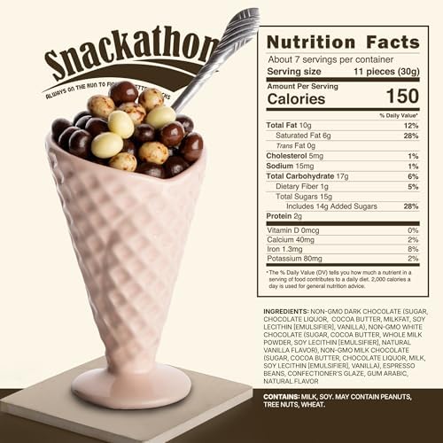 Snackathon Chocolate Covered Espresso Beans, 4 Chocolate Blend (Dark, Milk, White, Marbled), 7 OZ Resealable Bag, Gourmet Candy Snack for Coffee Lovers