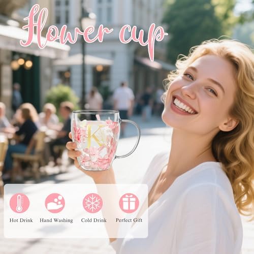 Personalized Gifts for Women Double Wall Flower Glass Coffee Mug Tea cup With Spoon Monogrammed Customized Gifts Birthday Christmas Valentine Mother's Day Gift for Mom Her Wife Friends Bride Sister(K)
