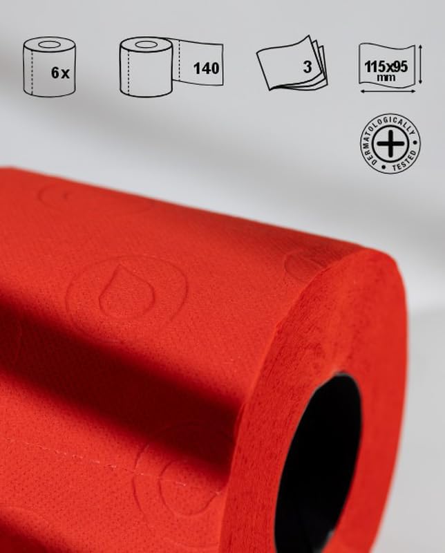 Renova Red Toilet Paper 3-Ply -Ideal for Decorating Your Home or Office - Pack of 6 Compact Size Rolls- 140 Sheets - Eco-label Certified - Dermatologically Tested - Septic Safe - Sustainable & Soft