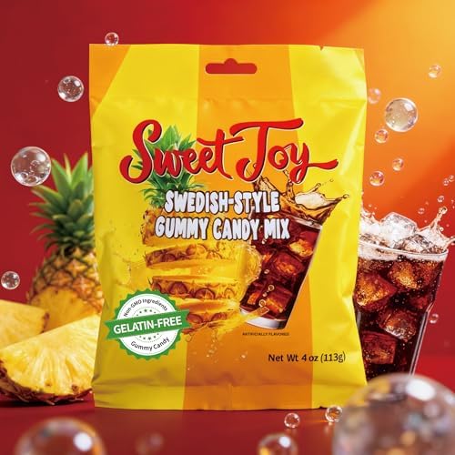 SweetJoy Swedish-Style Gummy Candy Mix, Non-GMO, Gelatin-Free, and Pineapple, Cola, Soda Flavored Candy with Sour Powder, 16oz Total (4 Bags × 4oz), Value Pack Perfect for Birthdays, Halloween, Parties, Travel, Kids and Adults