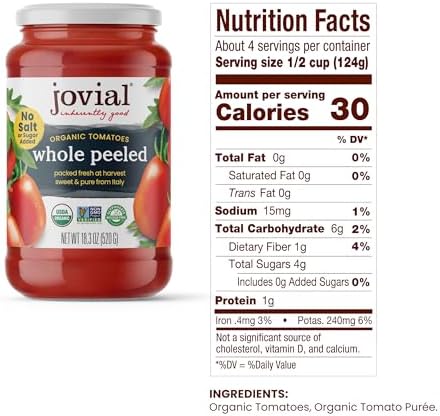 Jovial Whole Peeled Tomatoes - Organic Tomatoes, Non-Gmo, Usda Certified Organic, No Additives, Bpa-Free, No Added Sugar, No Salt Added, Recyclable Glass, Made In Italy - 18.3 Oz, 6 Pack