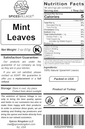 Spices Village Mint Leaves, 2 Oz - Fresh Dried Spearmint Herbs, Crushed Mint Spice Great for Loose Leaf Tea, Dry Mint Powder, Cut and Sifted - Kosher, Gluten Free, Non GMO, Resealable Bulk Bag