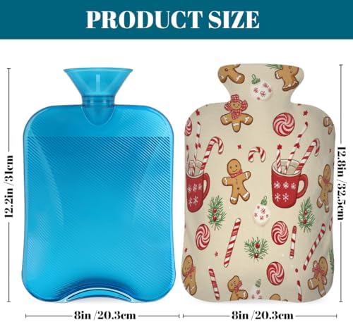 Hot Water Bottle with Cover 2 Liter, Christmas Cookies Candy Hot Cocoa Rubber Hot Water Bag for Pain Relief Headaches Cramps and Winter Warmth