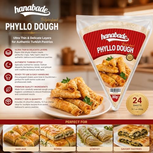 Hanabade Turkish Triangle Phyllo Dough (Üçgen Yufka) for Baklava & Börek, Pre-Baked Thin Filo Pastry Sheets, 24 Leaves, 12.7 oz (360g), Ready-to-Use Spring Roll & Pastry Wrappers