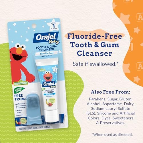 Orajel Baby Elmo Tooth & Gum Cleanser Fluoride-Free, 1 Finger brush, 1 Toothpaste 1oz; #1 Pediatrician Recommended Fluoride-Free Toothpaste*