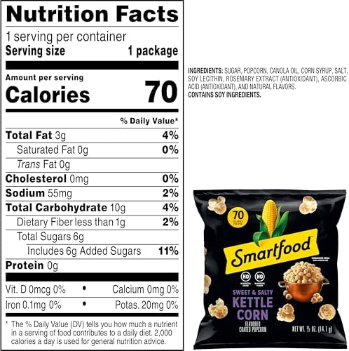 Smartfood Popcorn, Sweet & Salty Kettle Corn, 0.5 Ounce (Pack of 40)