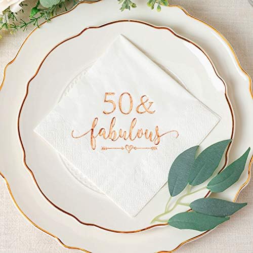 Crisky 3-Ply 50 and Fabulous Cocktail Napkins Rose Gold for Women 50th Birthday Decorations, 50th Birthday Bevergae Dessert Table Supplies, 50Pcs