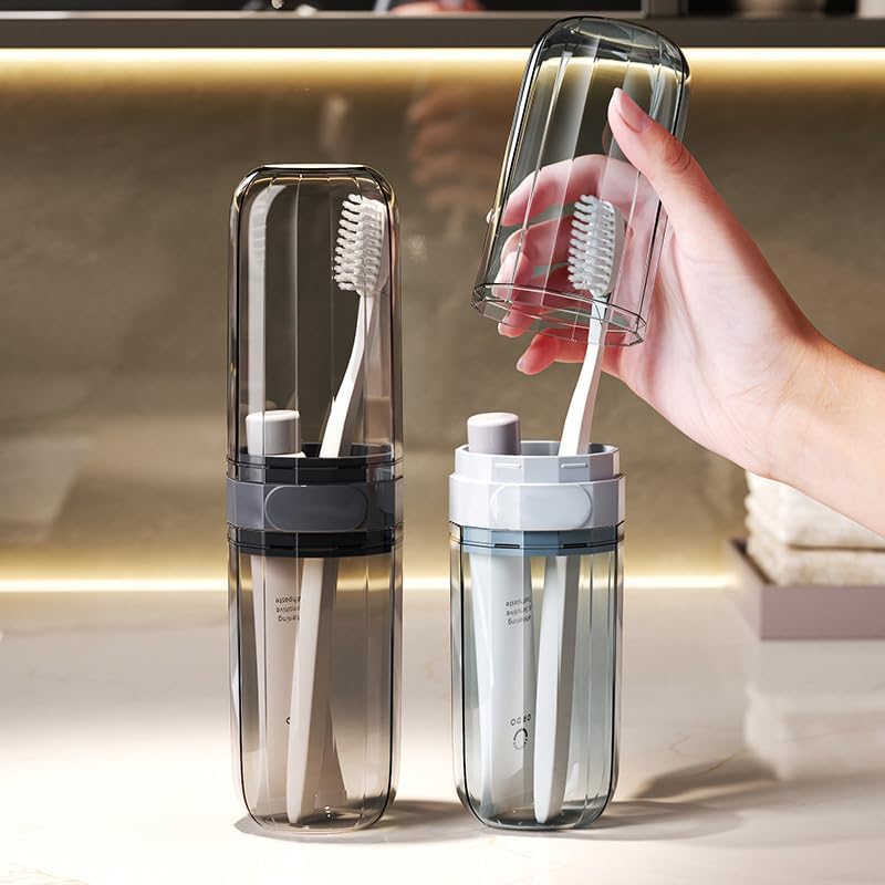 Travel Toothbrush Case, Portable Plastic Holder with Mouthwash Cup and Cover for Toothpaste Toothbrush Comb, Tooth Brush Storage Container for School Camping Business Trip Home Bathroom, Light Grey