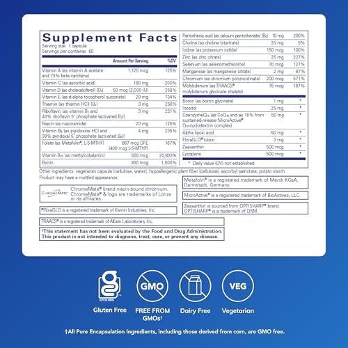 Pure Encapsulations O.N.E. Multivitamin - Once Daily Multivitamin with Antioxidant Complex Metafolin, CoQ10, and Lutein to Support Vision, Cognitive Function, and Cellular Health* - 60 Capsules