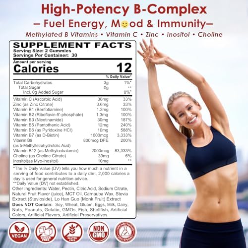 Methylated Vitamin B Complex Gummies 2 Pack, Methyl B12 & Folate with B1, B2, B3, B5, Biotin | Vitamin C, Zinc, Choline & Inositol – B Complex Supplement for Energy, Mood, Immune & Hair Skin Health