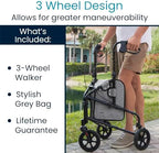 Vive Mobility 3 Wheel Walker - Three Wheeled Rollator for Seniors - Lightweight, Foldable, Narrow, Heavy Duty - for Elderly Men Women - Folding 3-Wheel Tri Scooter with Basket Bag
