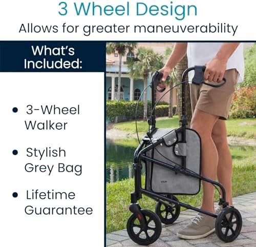 Vive Mobility 3 Wheel Walker - Three Wheeled Rollator for Seniors - Lightweight, Foldable, Narrow, Heavy Duty - for Elderly Men Women - Folding 3-Wheel Tri Scooter with Basket Bag