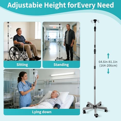 Adjustable Mobile IV Pole Stand, 64.6'' to 81.8'' Infusion Floor Stand Telescopic, Rolling Base with Brakes & 4 Swivel Hooks, Stainless Steel Construction Portable Feeding Pump Stand for Home Care