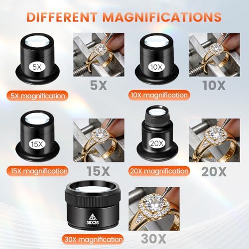 5 Pcs Jewelers Loupe Set, Portable Eye Magnifier with 5X 10X 15X 20X 30X36mm Glass Lens, Mini Monocular Magnifying Glass for Jewelry Inspection, Watch Repair Tools, Circuit Inspection, Coins
